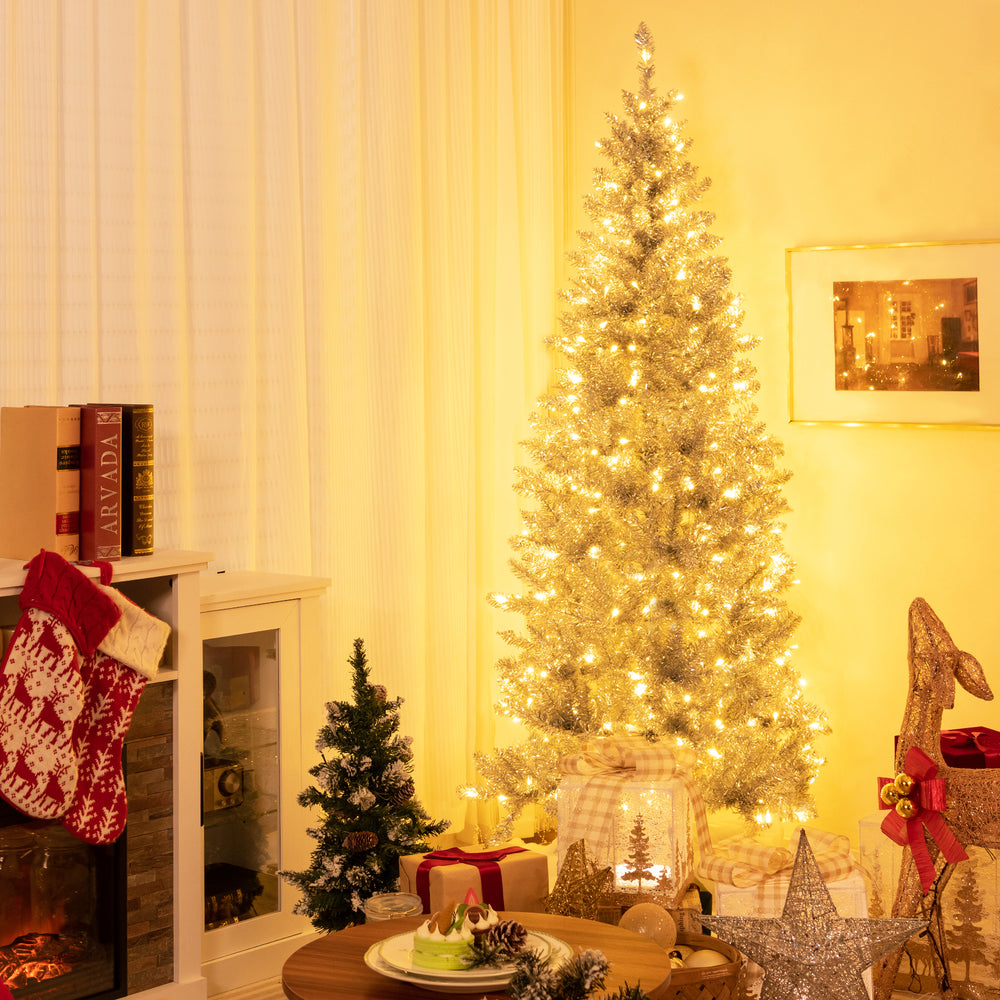 6/7 FT Pre-Lit Artificial Silver Tinsel Xmas Tree with 790 Branch Tips and 300 LED Lights-6 ft - Gallery View 1 of 10