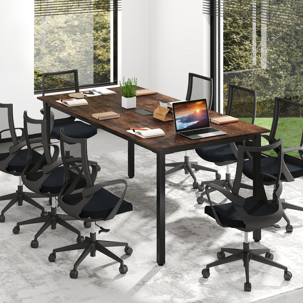 Large 6 feet rustic brown conference table for 8-10 people with cable management, ideal for meetings and presentations.