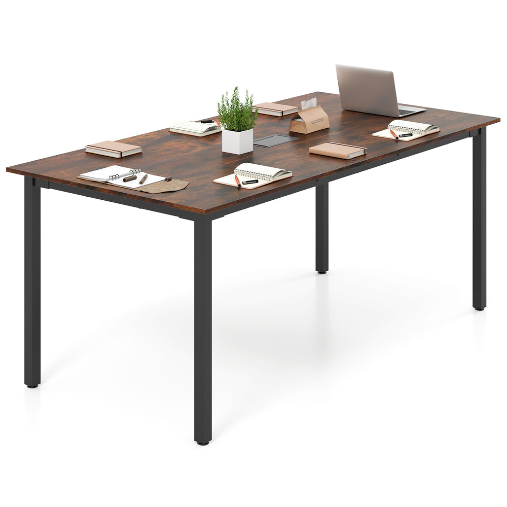 Large rustic brown conference room table, 6 ft x 3 ft, seats 8-10, with built-in cable hole and sturdy metal legs.