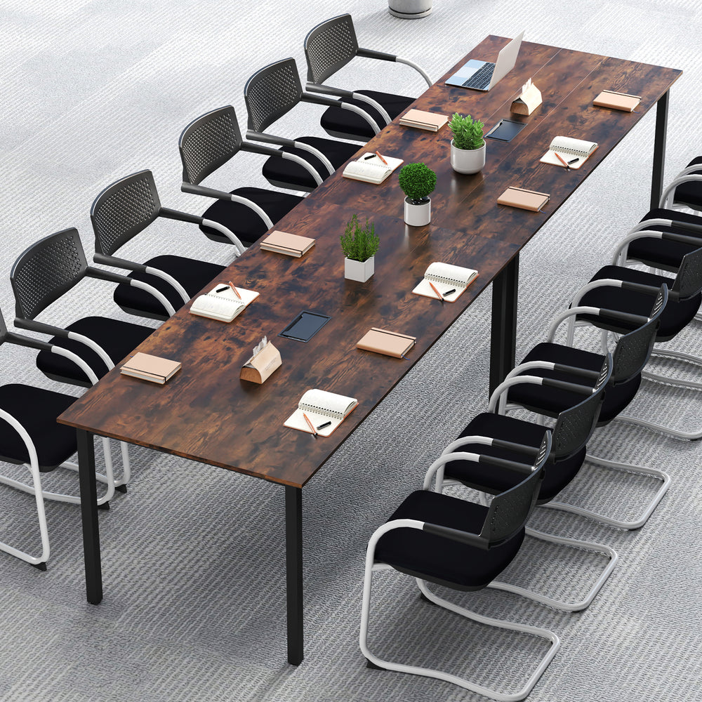Large 6 feet rustic brown conference table with seating for 8-10, featuring cable management and sturdy metal legs.