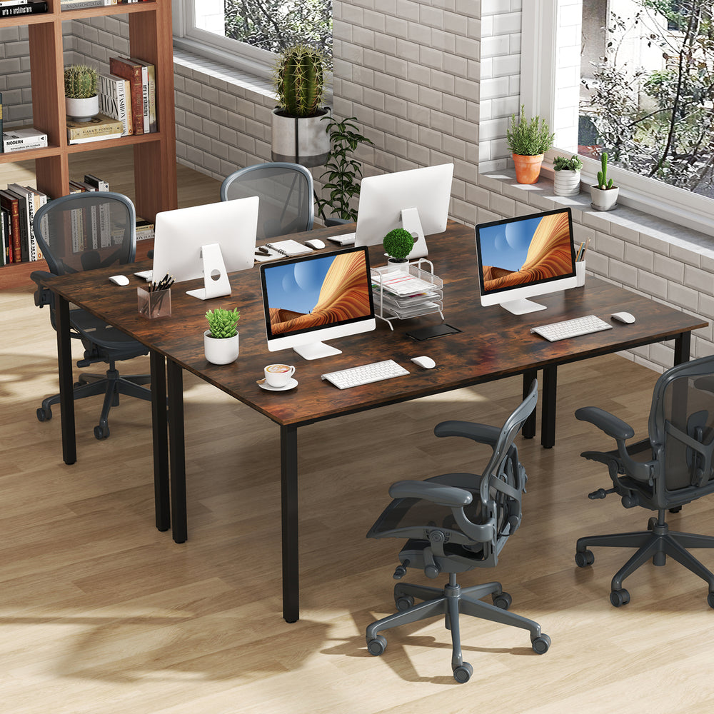 Large rustic brown conference room table seats 8-10, featuring a spacious 6 ft x 3 ft tabletop and built-in cable.