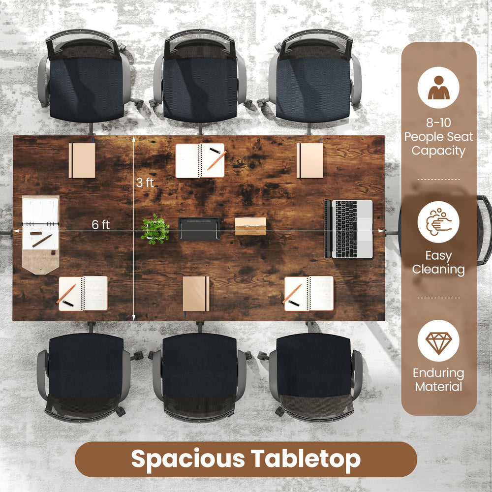 Large 6-foot rustic brown conference table seats 8-10 people, featuring a spacious tabletop and easy-clean surface.