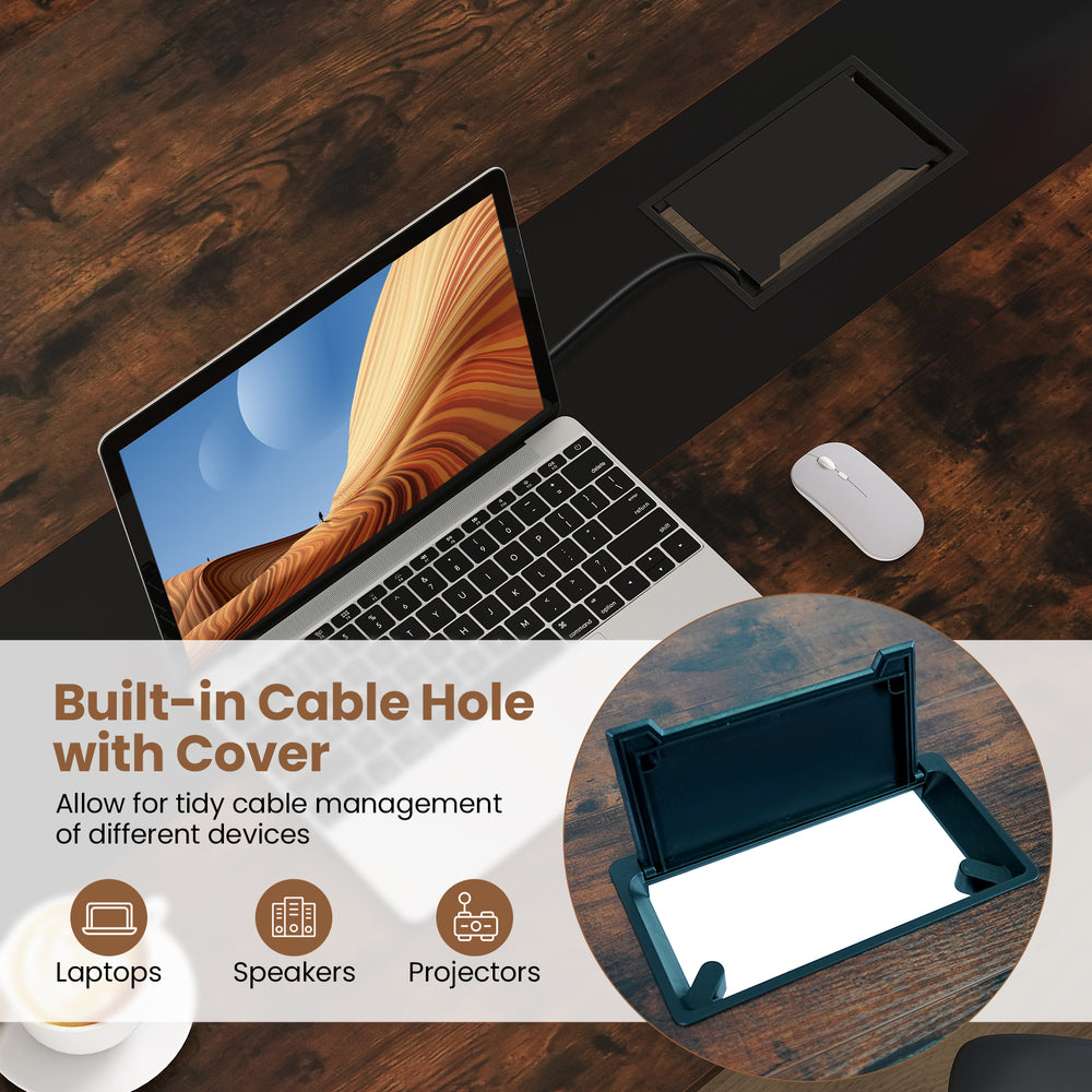 Conference room table with built-in cable hole, rustic brown finish, seating 8-10 people, ideal for meetings and.