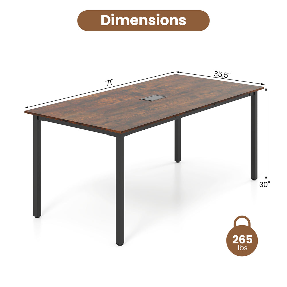 Rectangular 6 feet conference table in rustic brown, seats 8-10, with built-in cable hole and sturdy metal legs.