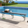 Gray 6 feet plastic folding bench with handle, set by the pool, ideal for outdoor events and easy storage.