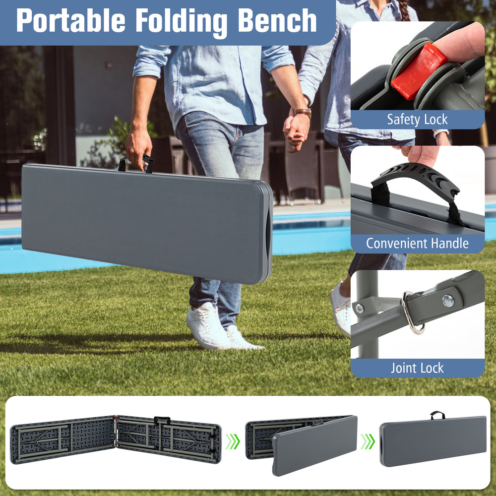 Portable 6-foot gray folding bench with handle and safety lock, ideal for picnics and outdoor events, supports 1320 lbs.
