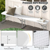 6-foot white plastic folding bench with reinforced honey-comb structure, ideal for camping and dining, featuring a.