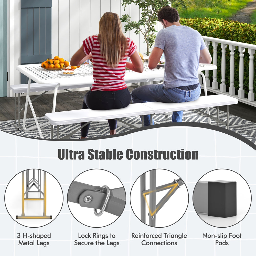 6-foot white plastic folding bench with H-shaped metal legs, ideal for camping or dining, featuring a carrying handle.