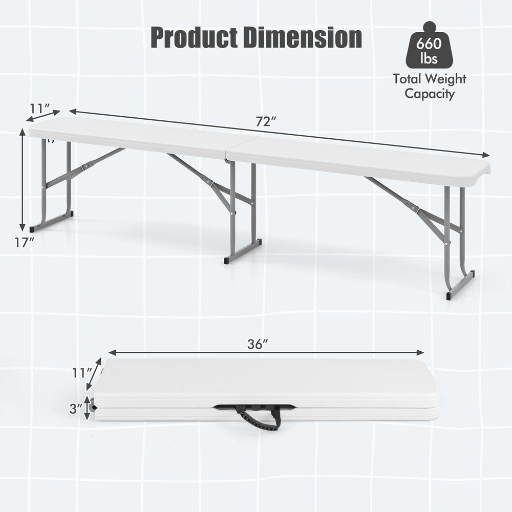 6-foot white plastic folding bench with carrying handle, supports 660 lbs, ideal for camping and dining.
