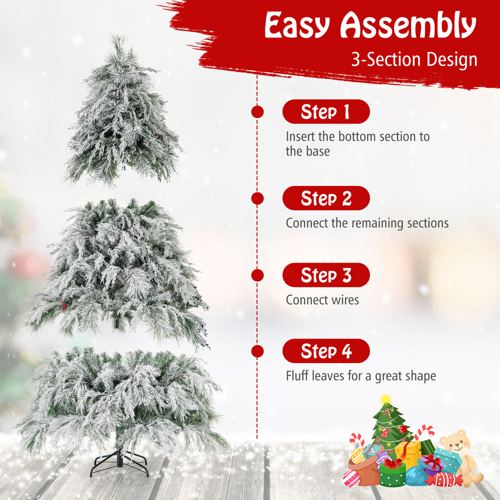 6-foot pre-lit snow flocked Christmas tree with warm white LED lights, featuring easy assembly and a folding metal.