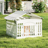 6-panel white plastic dog playpen with locking door, suitable for indoor and outdoor use, providing safety and ample.