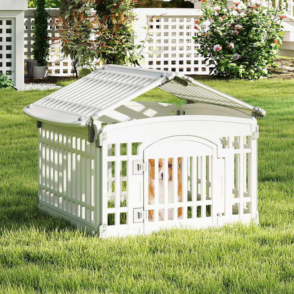 6-panel white plastic dog playpen with locking door, suitable for indoor and outdoor use, providing safety and ample.