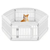 6-panel white plastic dog playpen with a locking door, designed for indoor and outdoor pet containment.