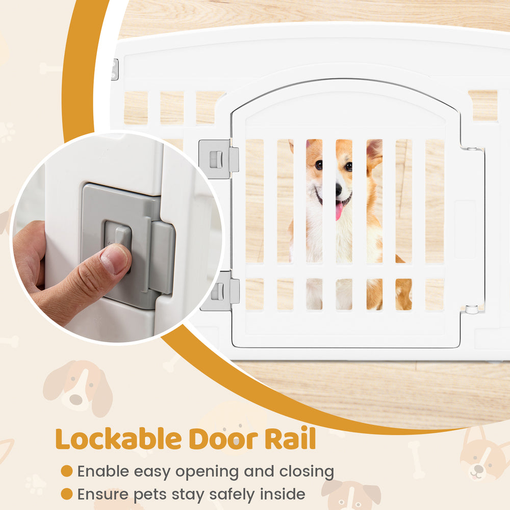 Lockable door rail of a 6-panel white plastic dog playpen, ensuring easy access and pet safety indoors and outdoors.
