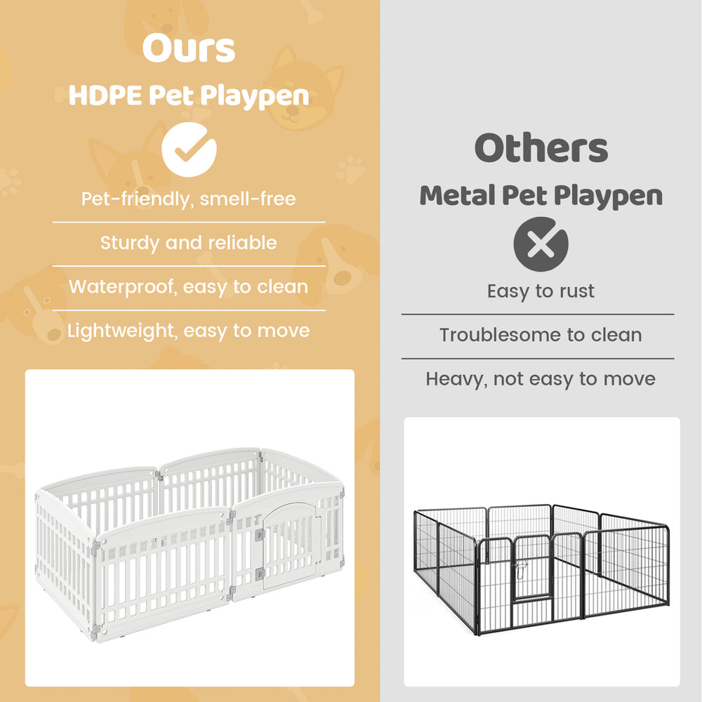 6-panel white HDPE dog playpen with locking door, lightweight, waterproof, ideal for indoor and outdoor pet containment.