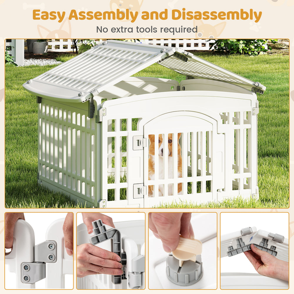 6-panel white plastic dog playpen with locking door, easy assembly, suitable for indoor and outdoor use.
