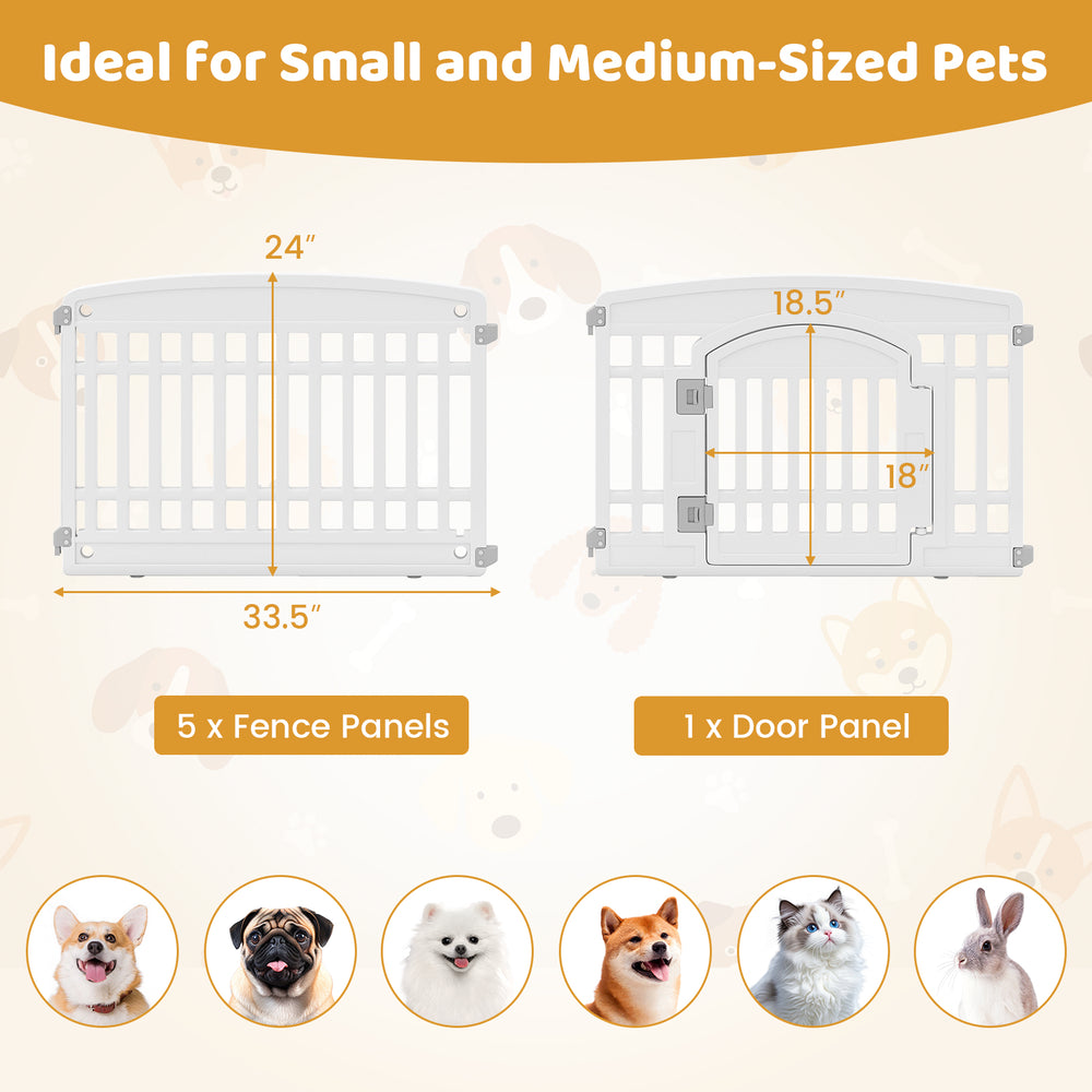 6-panel white plastic dog playpen with locking door, 24 inches tall, ideal for small to medium pets, versatile.