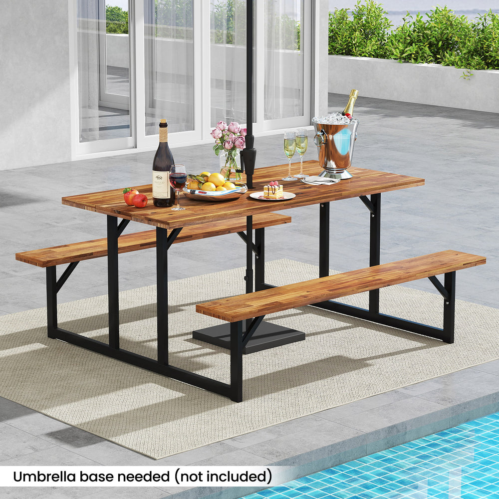 6-person acacia wood picnic table with 2 built-in benches, perfect for outdoor dining by the poolside.