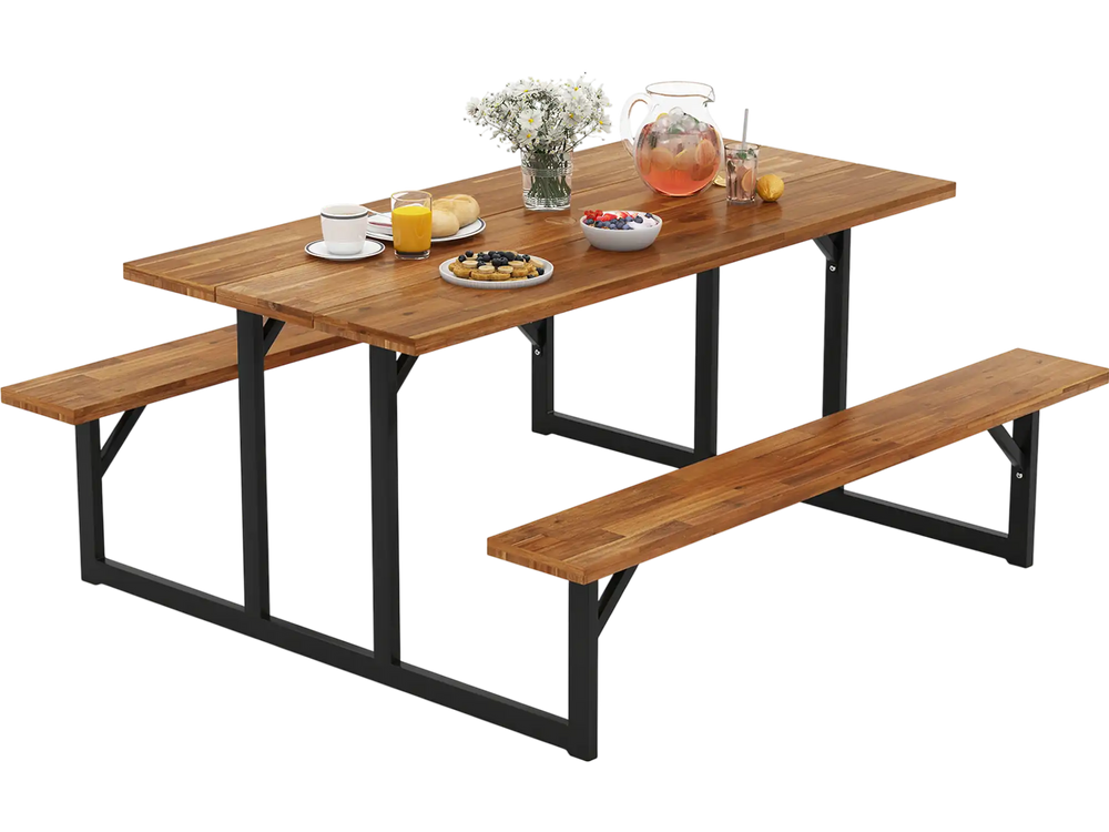 6-Person Acacia Wood Picnic Table with 2 Built-In Benches