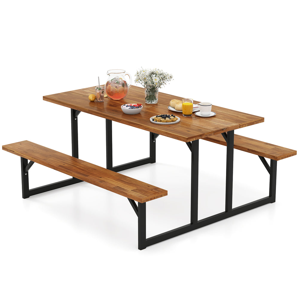 6-person acacia wood picnic table with 2 built-in benches, ideal for outdoor dining on patio or garden.