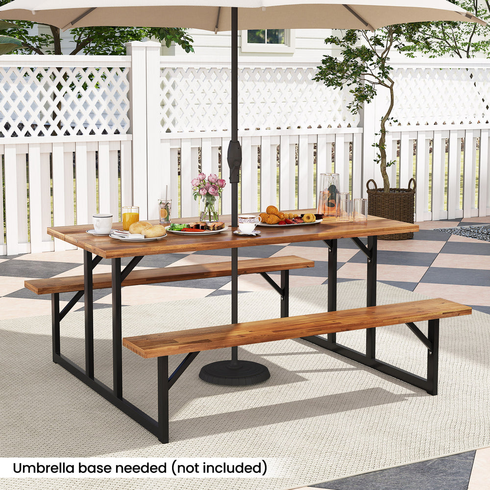 6-person acacia wood picnic table with dual benches, ideal for patio or garden, featuring an umbrella hole for shade.
