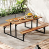 Acacia wood picnic table with two built-in benches, accommodating 6 people, ideal for patio or garden gatherings.