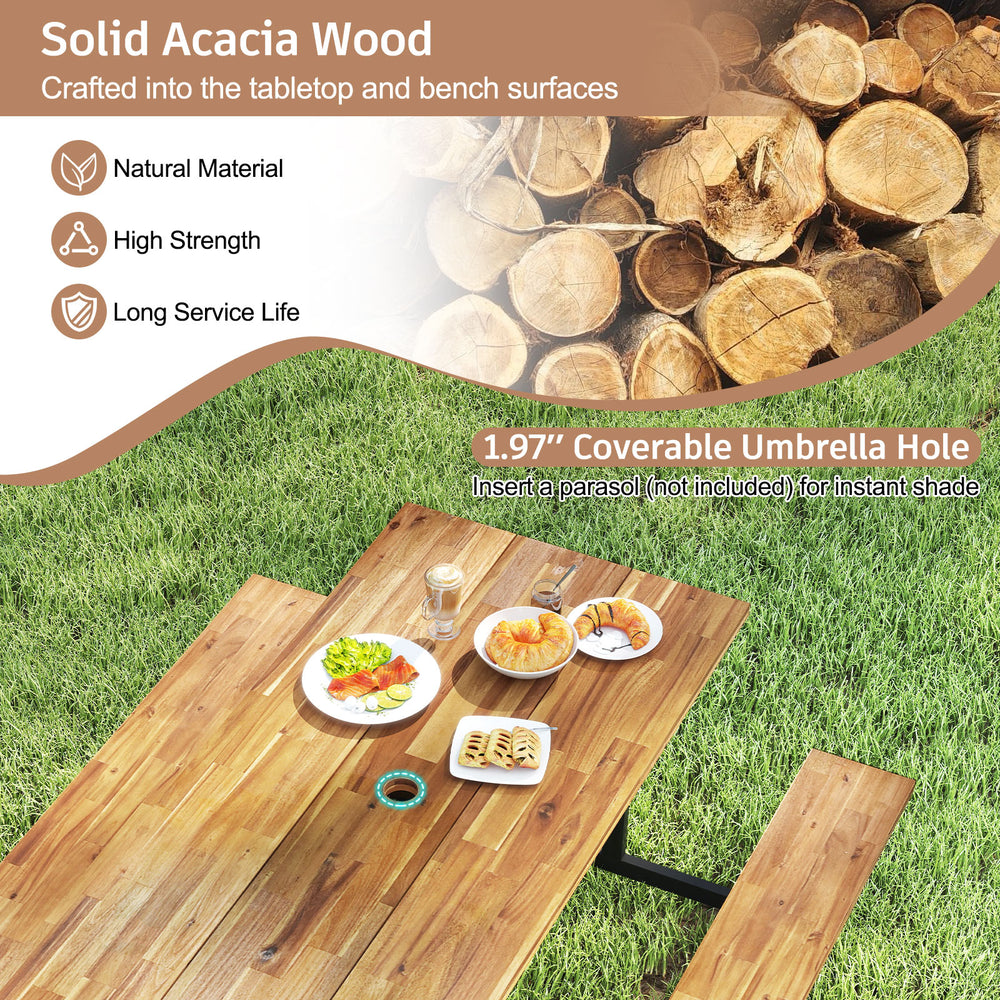 6-person acacia wood picnic table with dual benches and umbrella hole, ideal for outdoor deck or patio gatherings.