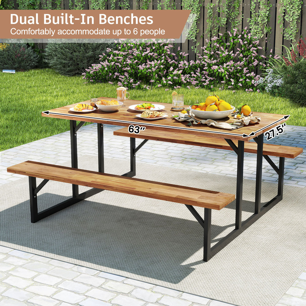 6-person acacia wood picnic table with dual built-in benches, ideal for outdoor gatherings on deck or patio.