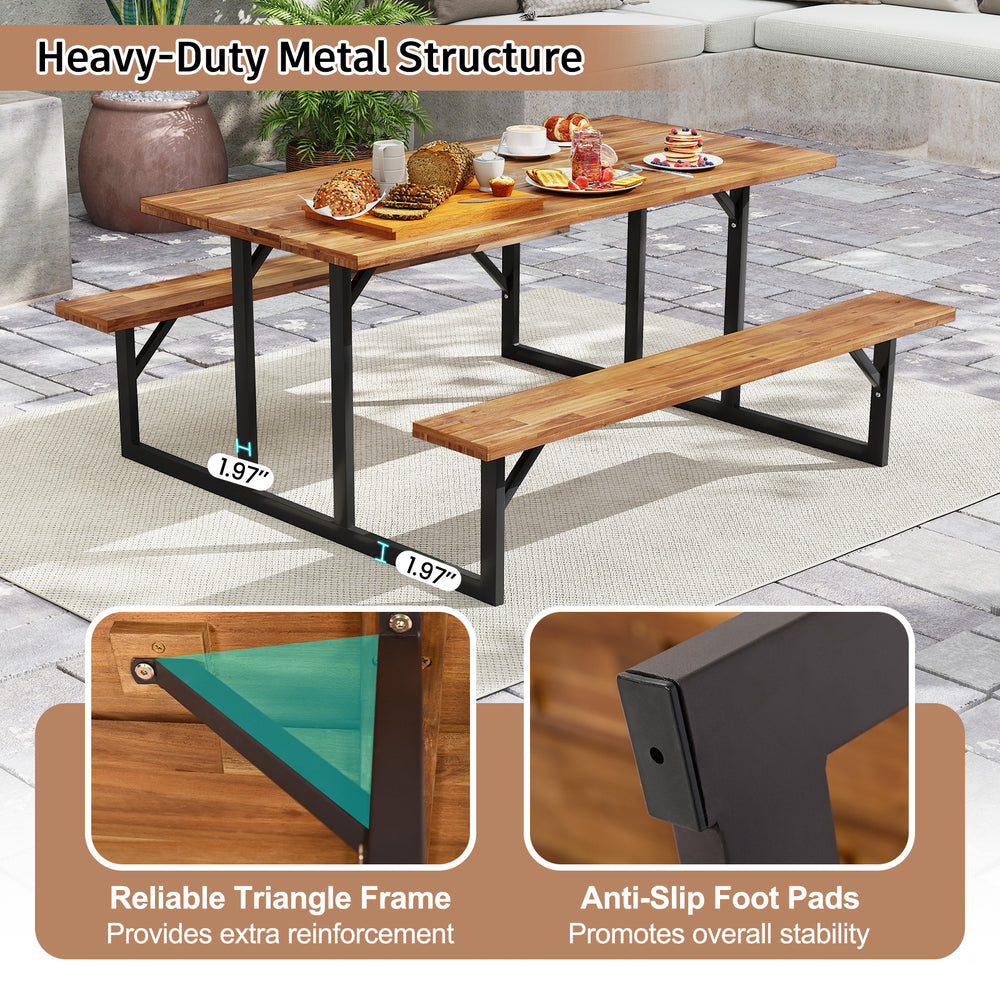 6-person acacia wood picnic table with dual built-in benches and heavy-duty metal structure for outdoor gatherings.