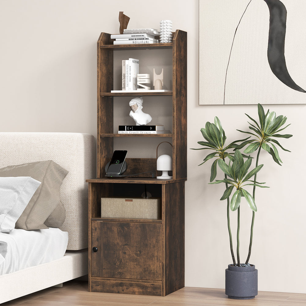 6-Tier Bookshelf Nightstand with Charging Station and Cabinet-Rustic Brown - Gallery View 1 of 9