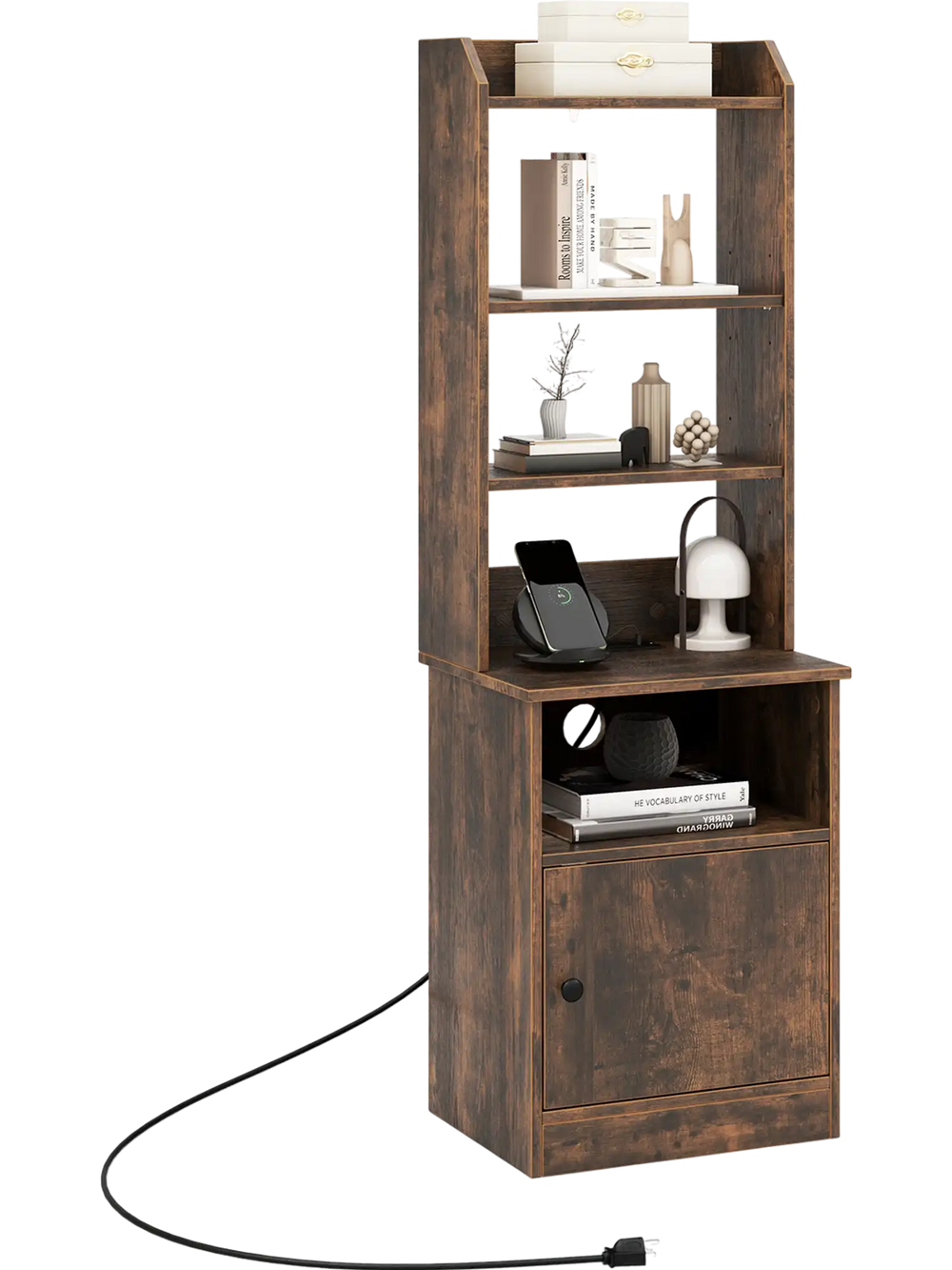 6-tier bookshelf nightstand in rustic brown with charging station, open shelves, and cabinet for versatile storage.