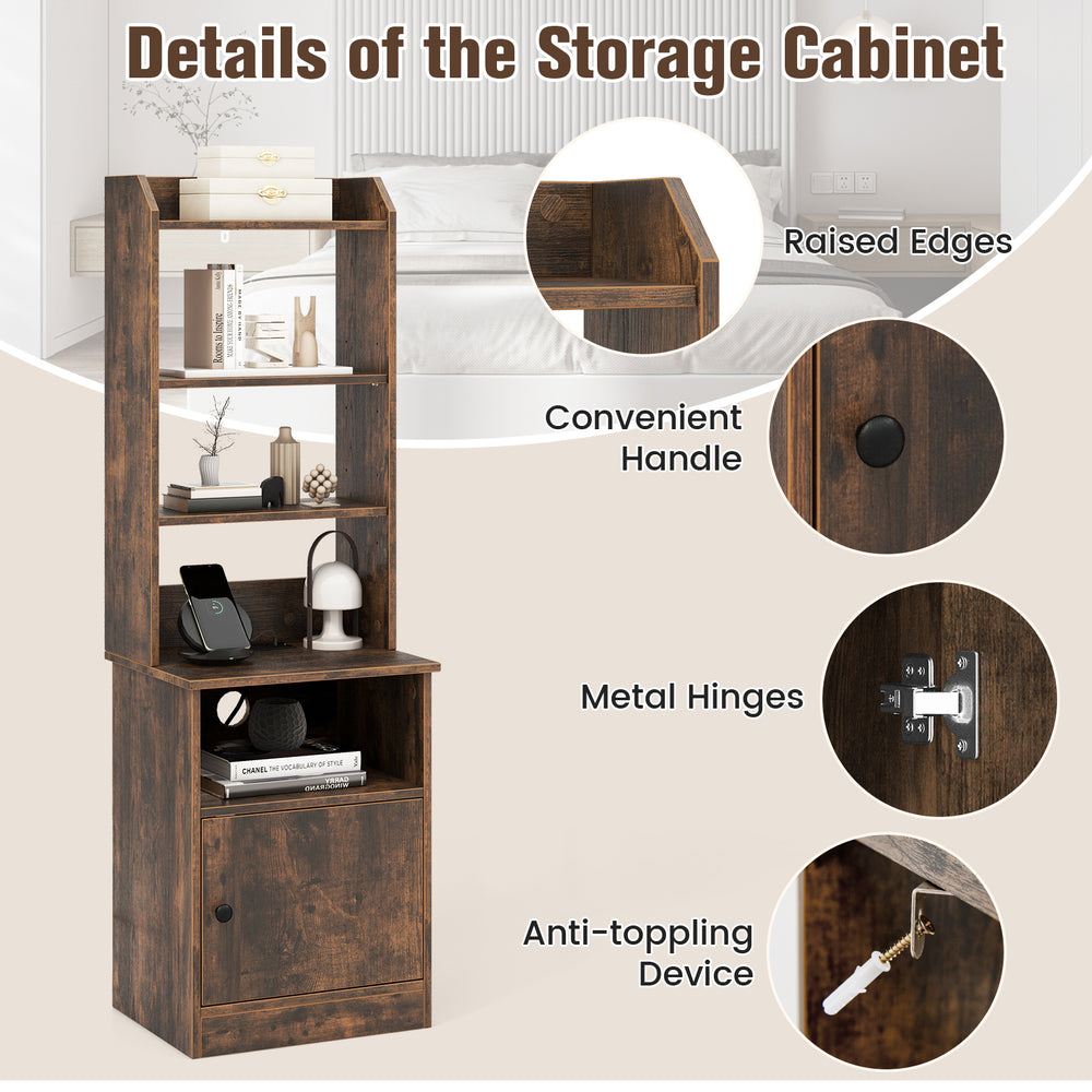 Close-up of the rustic brown 6-tier bookshelf nightstand's raised edges and convenient handle, enhancing storage safety.