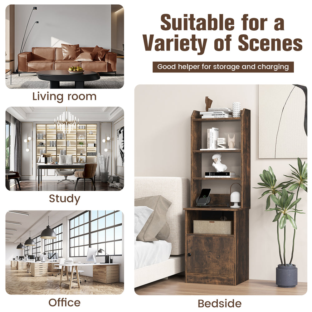 6-tier rustic brown bookshelf nightstand with charging station and cabinet, ideal for bedside or office storage.