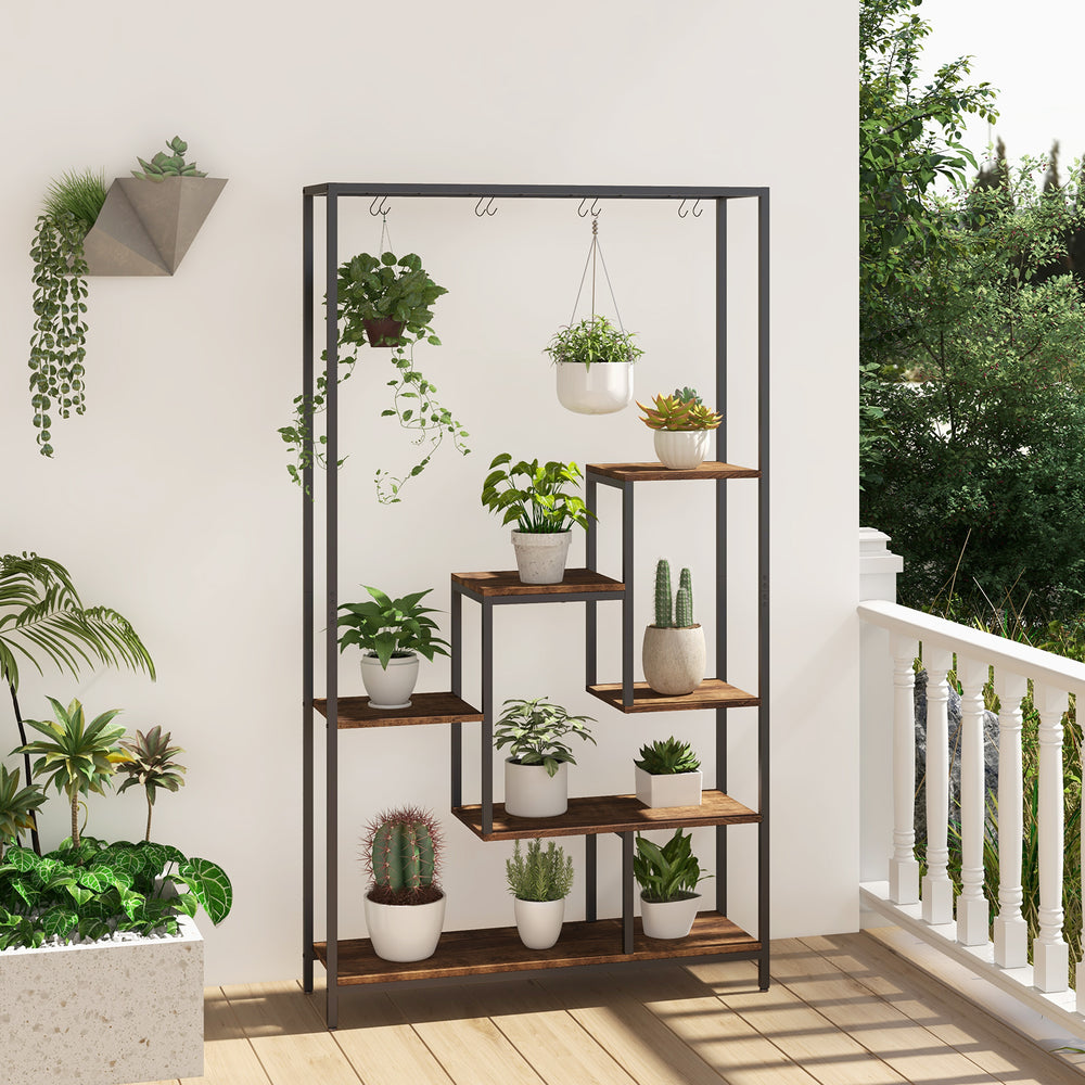 6-Tier Tall Plant Stand 71 Inch Metal Indoor Plant Shelf with 10 Hanging Hooks-Rustic Brown - Gallery View 1 of 9