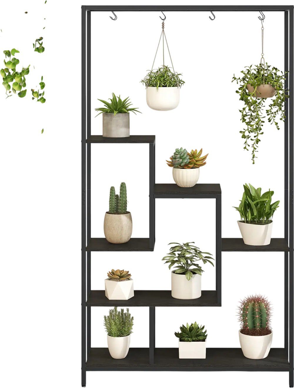 6-tier black metal plant stand with 10 hooks, showcasing various plants for indoor decoration and space-saving.