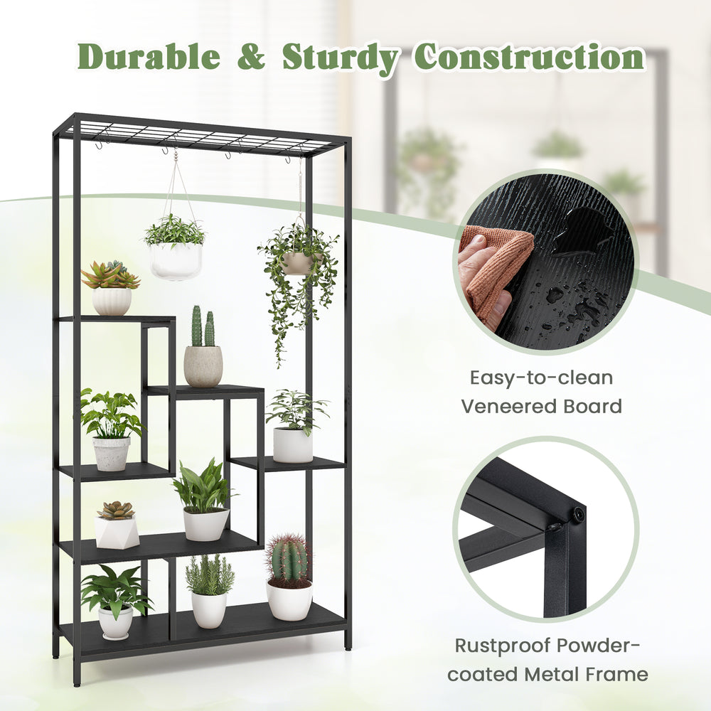 6-tier black metal plant stand with 10 hooks, featuring a rustproof frame and easy-to-clean veneered surface for indoor.