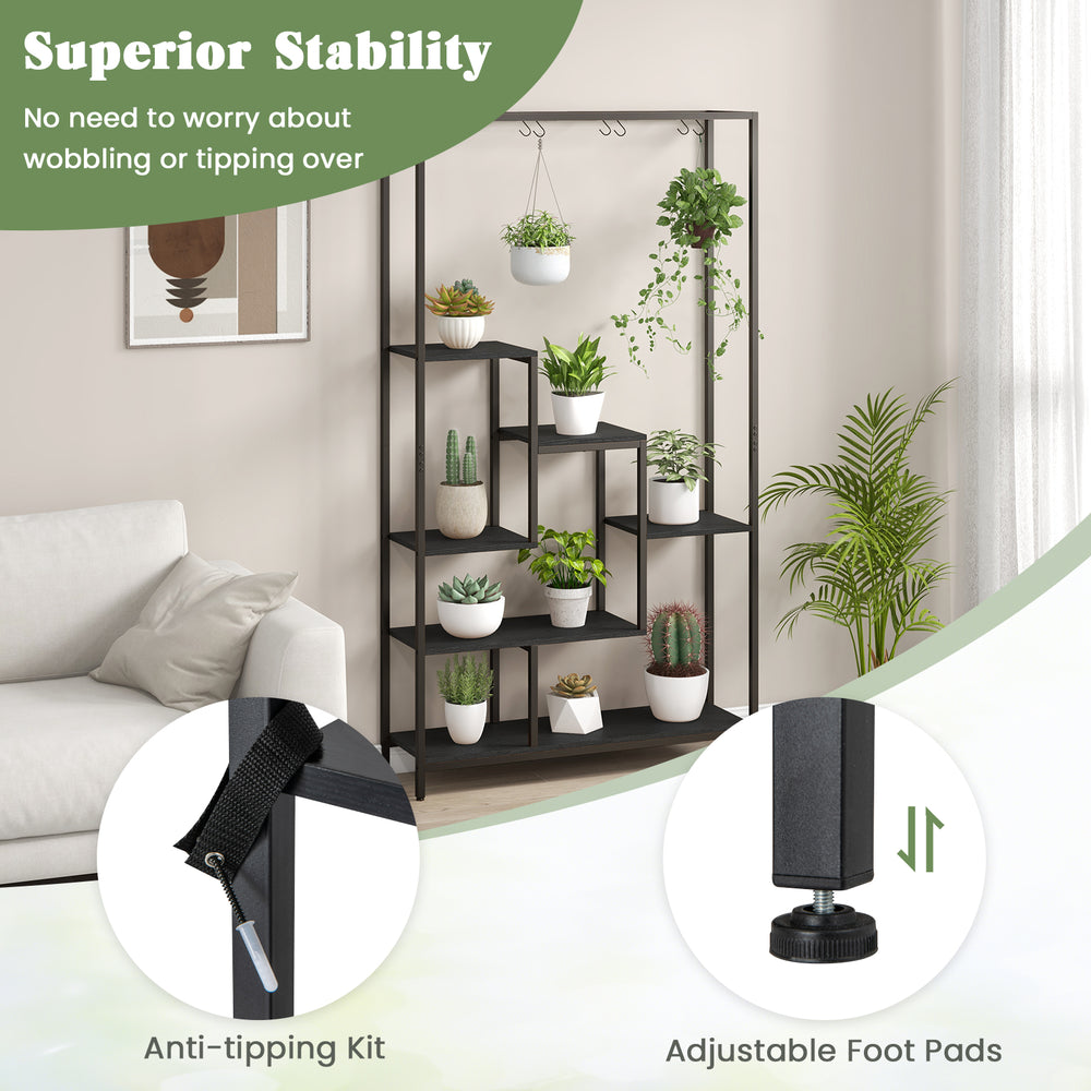 6-tier black metal plant stand with adjustable foot pads and anti-tipping kit, perfect for indoor plant display.