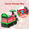 Colorful green electric kids ride-on toy train with secret storage box for toys and snacks, suitable for ages 3+.