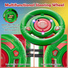 Multifunctional green steering wheel for kids' ride-on car, featuring lights, train whistle, and battery-operated.