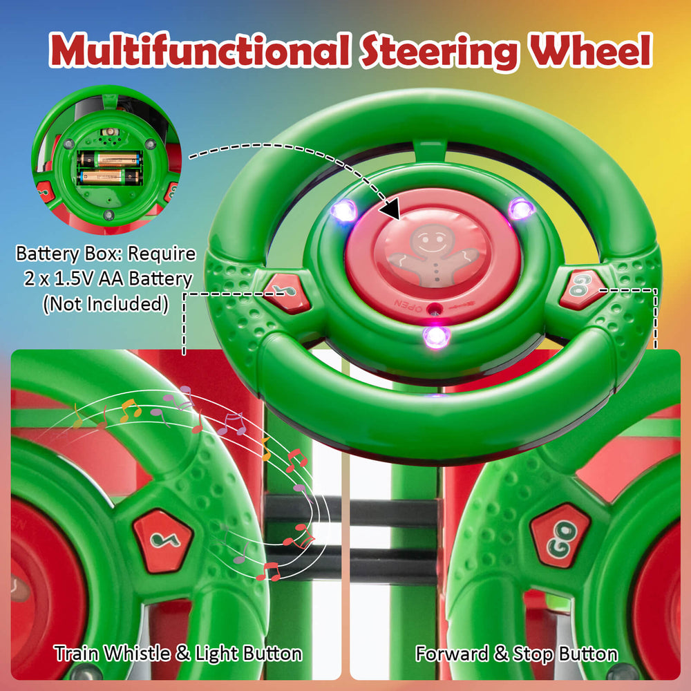 Multifunctional green steering wheel for kids' ride-on car, featuring lights, train whistle, and battery-operated.