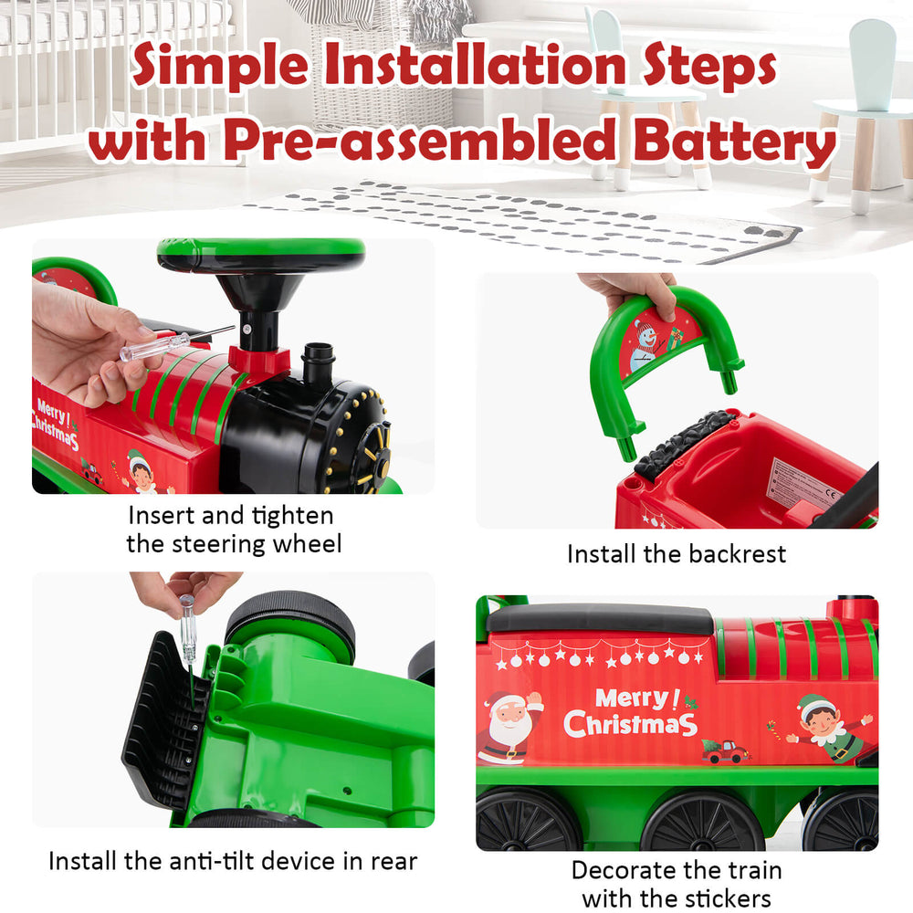 Green 6V electric kids ride-on toy train with pre-assembled battery, featuring simple installation steps for fun.