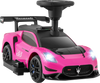 Maserati licensed pink electric kids ride-on car with foot pedal, LED lights, and comfortable seat for fun driving.