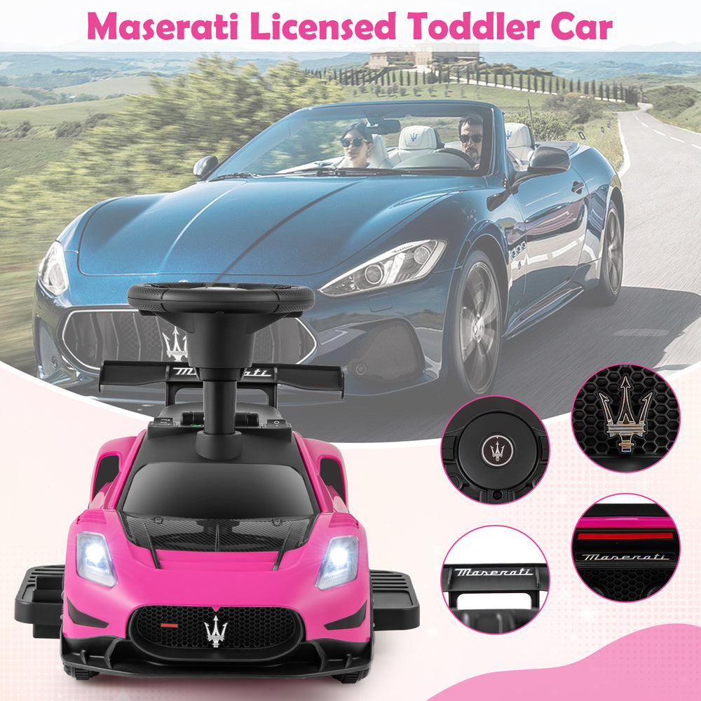 Maserati licensed pink toddler car with foot pedal, LED lights, and sound effects for fun outdoor driving.