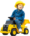 Child riding a yellow 6V electric Caterpillar construction vehicle with a detachable dump bed, designed for fun and.