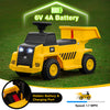 Electric licensed Caterpillar construction vehicle in yellow with detachable dump bed and LED lights for kids' fun.