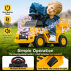 Yellow 6V electric Caterpillar construction vehicle with detachable dump bed, foot pedal, and dual horn buttons for.