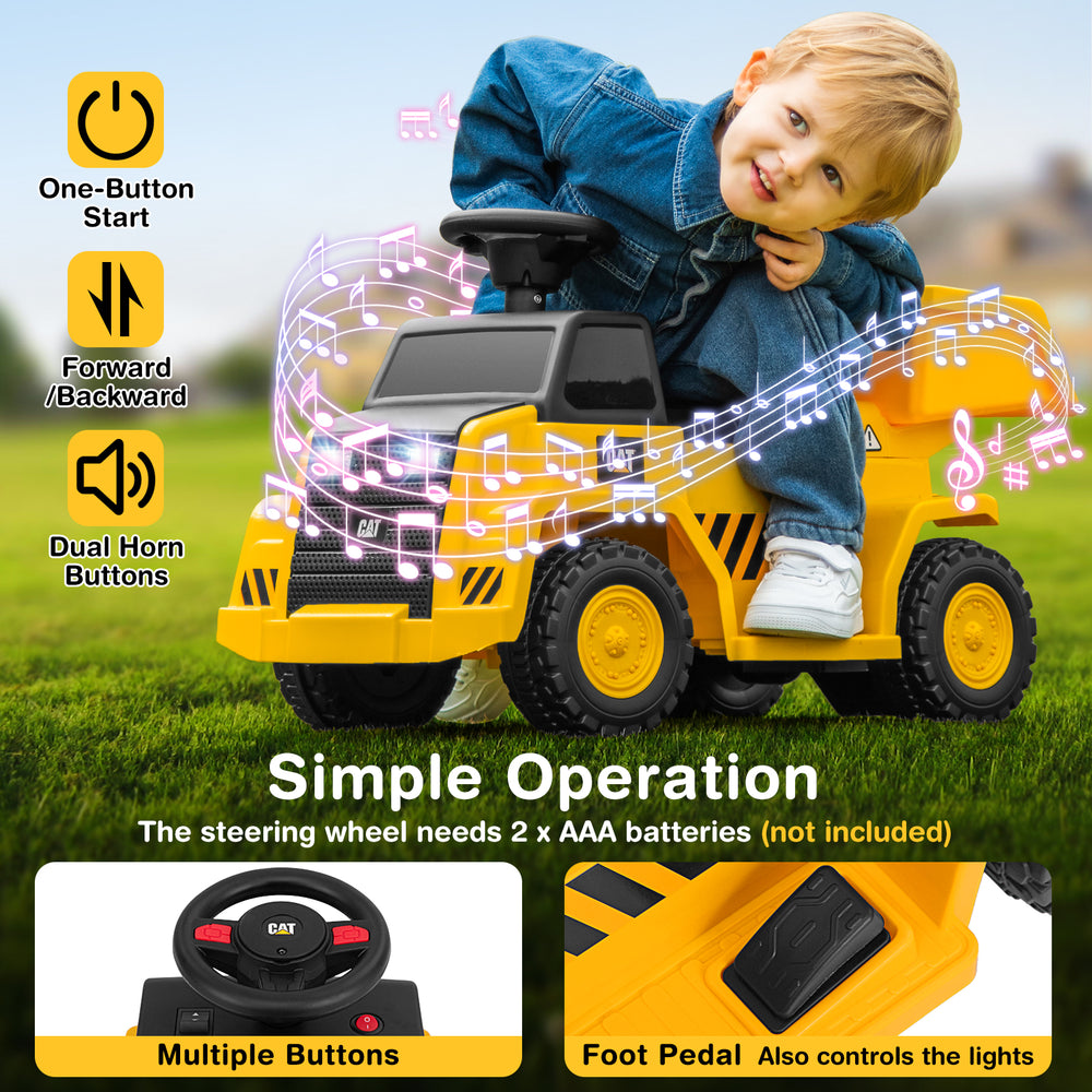 Yellow 6V electric Caterpillar construction vehicle with detachable dump bed, foot pedal, and dual horn buttons for.