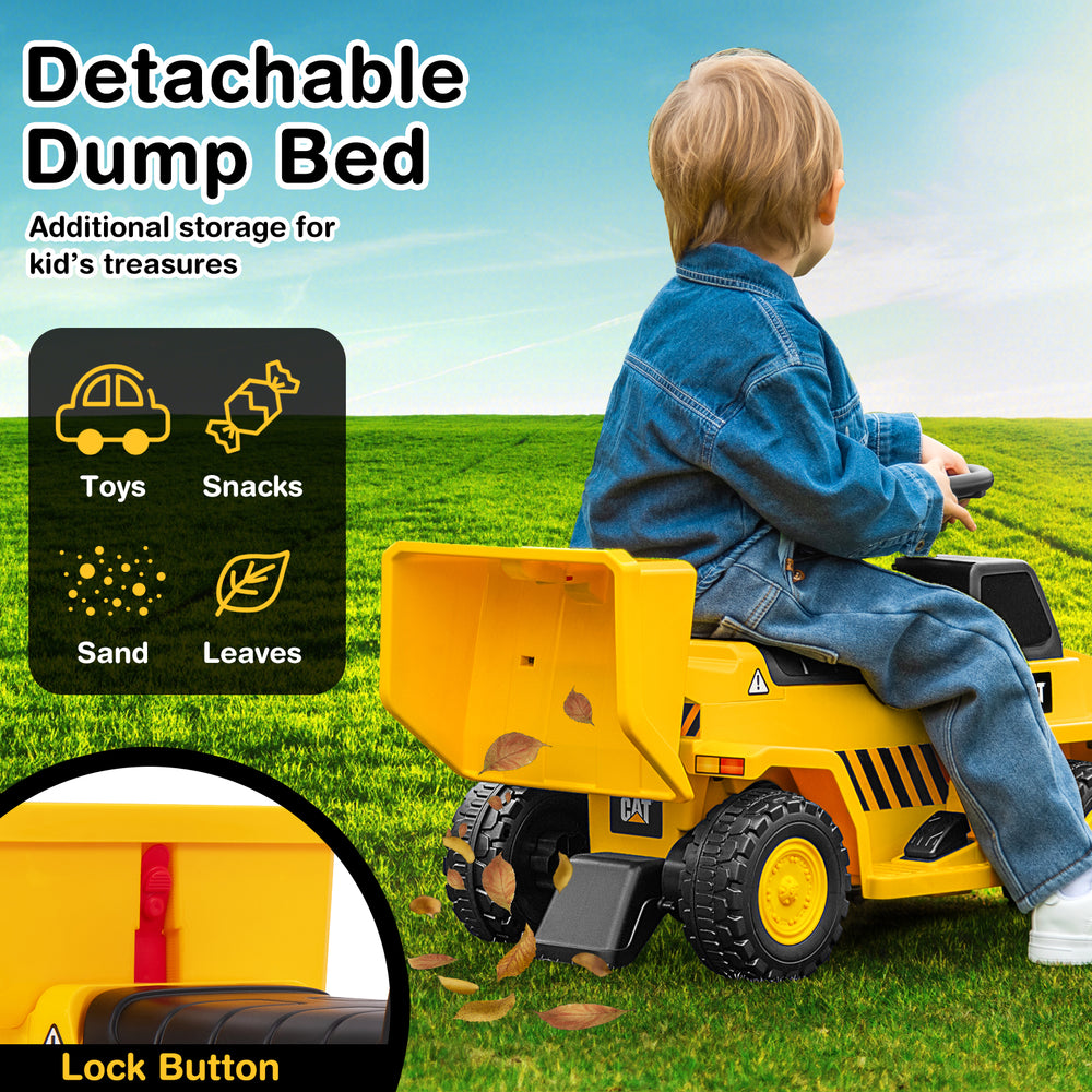 Detachable dump bed of a 6V electric Caterpillar construction vehicle, ideal for storing toys and snacks during.