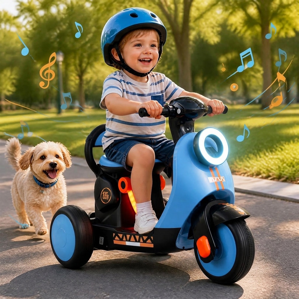 Blue 6V electric ride-on motorcycle for kids aged 3-5 features LED headlight, multi-terrain wheels, and music button.
