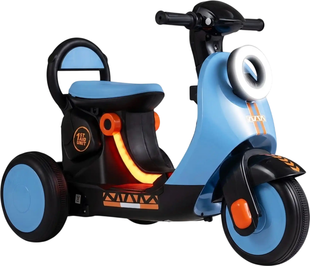 Electric ride-on motorcycle in blue for kids aged 3-5, featuring LED headlight and multi-terrain wheels for safe fun.